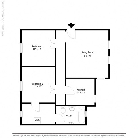 Floor plan for 2 beds, 1 bath, 790 sqft